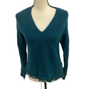 Anthropologie Alpaca and Wool Blend Sweater Sz XS Joy Fringed V-neck Teal Green
